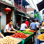 **

Prompt: Bustling street scene in Hanoi's Old Quarter, narrow streets, traditional Vietnamese houses, street food vendors, crowded, vibrant colors, sunny day, shallow depth of field.

**