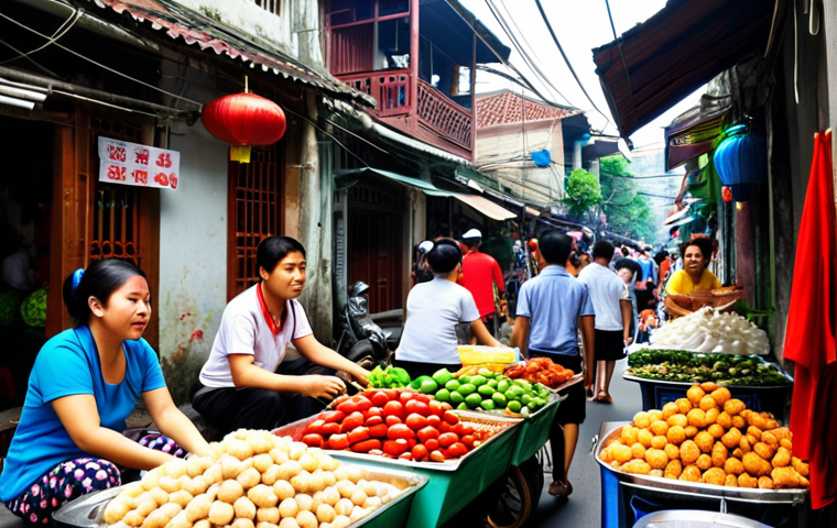 **
Prompt: Bustling street scene in Hanoi's Old Quarter, narrow streets, traditional Vietnamese houses, street food vendors, crowded, vibrant colors, sunny day, shallow depth of field.
**