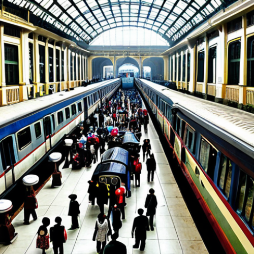Home 17 Hanoi Train Station Scene**
"A bustling scene inside Hanoi train station, colonial architecture, many travelers, fully clothed, appropriate attire, safe for work, professional photography, natural lighting, realistic, high detail, modest dress, family-friendly"
**