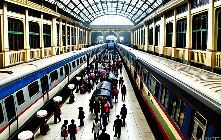Hanoi Train Station Scene**
"A bustling scene inside Hanoi train station, colonial architecture, many travelers, fully clothed, appropriate attire, safe for work, professional photography, natural lighting, realistic, high detail, modest dress, family-friendly"
**