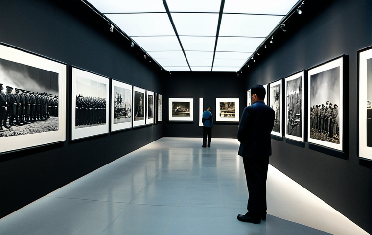 War Remnants Museum - Photographic Exhibit**
"A spacious gallery in a museum, featuring powerful black and white photographs depicting scenes from a war. Visitors in modest clothing are viewing the images with somber expressions. The photographs are well-lit and professionally displayed. Perfect anatomy, correct proportions, natural pose. Safe for work, appropriate content, fully clothed, professional, family-friendly, high quality."
**