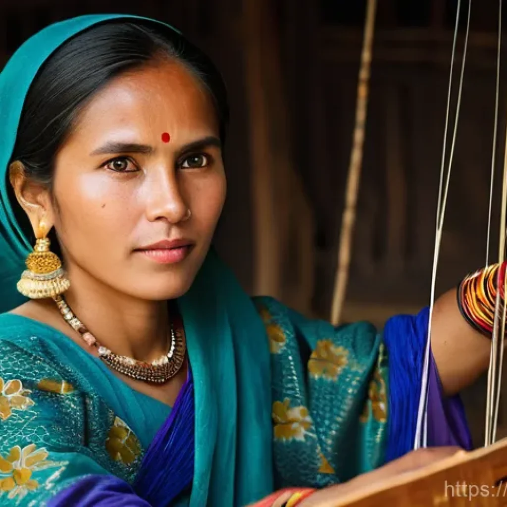 베트남 이슬람 소수 민족 - A serene and detailed portrait of a Cham Muslim woman, gracefully engaged in the art of brocade weav...