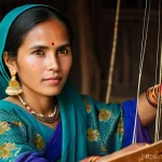 베트남 이슬람 소수 민족 - A serene and detailed portrait of a Cham Muslim woman, gracefully engaged in the art of brocade weav...