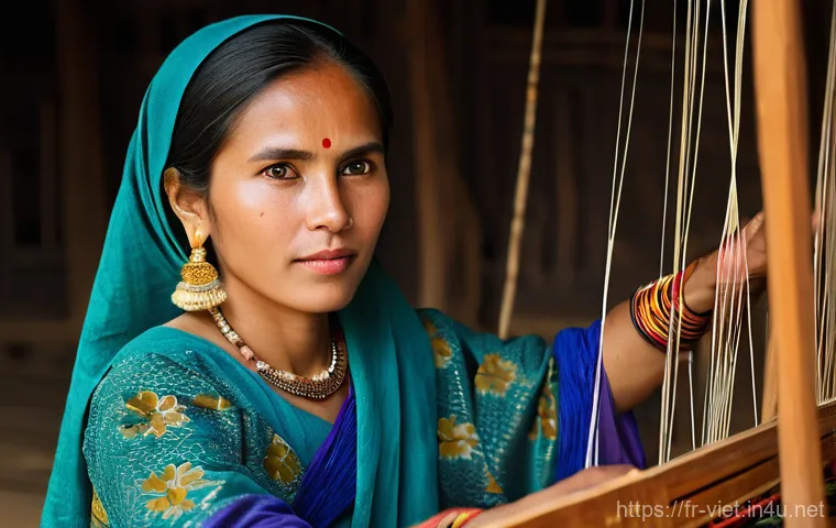 베트남 이슬람 소수 민족 - A serene and detailed portrait of a Cham Muslim woman, gracefully engaged in the art of brocade weav...