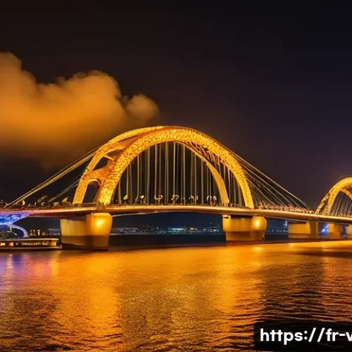 베트남 다낭 용다리 - A majestic golden Dragon Bridge in Da Nang, Vietnam, spanning the Han River at night. The bridge is ...