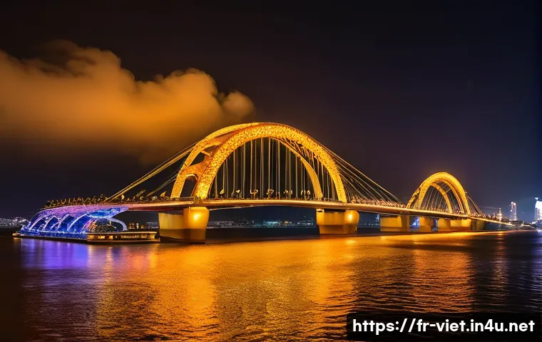 베트남 다낭 용다리 - A majestic golden Dragon Bridge in Da Nang, Vietnam, spanning the Han River at night. The bridge is ...
