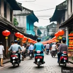 베트남 호텔 예약 가이드 - A vibrant Hanoi Old Quarter street scene during the day, bustling with tourists and locals exploring...