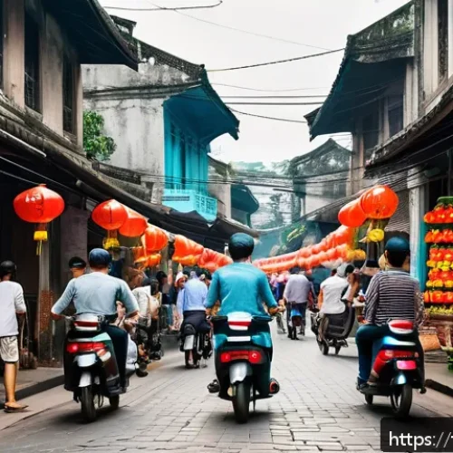 베트남 호텔 예약 가이드 - A vibrant Hanoi Old Quarter street scene during the day, bustling with tourists and locals exploring...