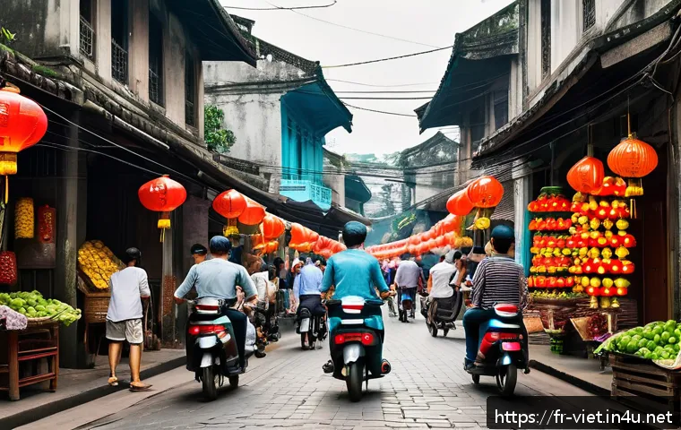 베트남 호텔 예약 가이드 - A vibrant Hanoi Old Quarter street scene during the day, bustling with tourists and locals exploring...