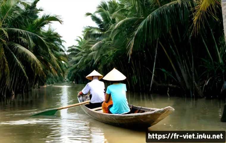 Home 15 베트남 메콩강 투어 - Photorealistic Mekong Delta tour in southern Vietnam, a small wooden sampan carrying a French-speaki...