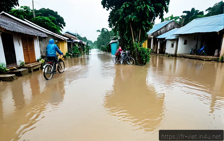 베트남에서 발생한 큰 홍수 - Photorealistic wide-angle scene of severe flooding in a Vietnamese riverside town, muddy water cover...