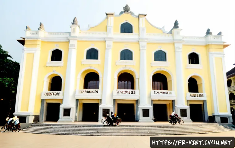 베트남 프랑스 식민지 유산 - Photorealistic wide-angle view of a grand French colonial opera house in Hanoi at early morning, ele...